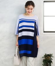 OLEFD13119 eur3(エウルキューブ) 【WEB先行販売】【大きいサイズ/接触冷感】パネルボーダーニットチュニック ブルー