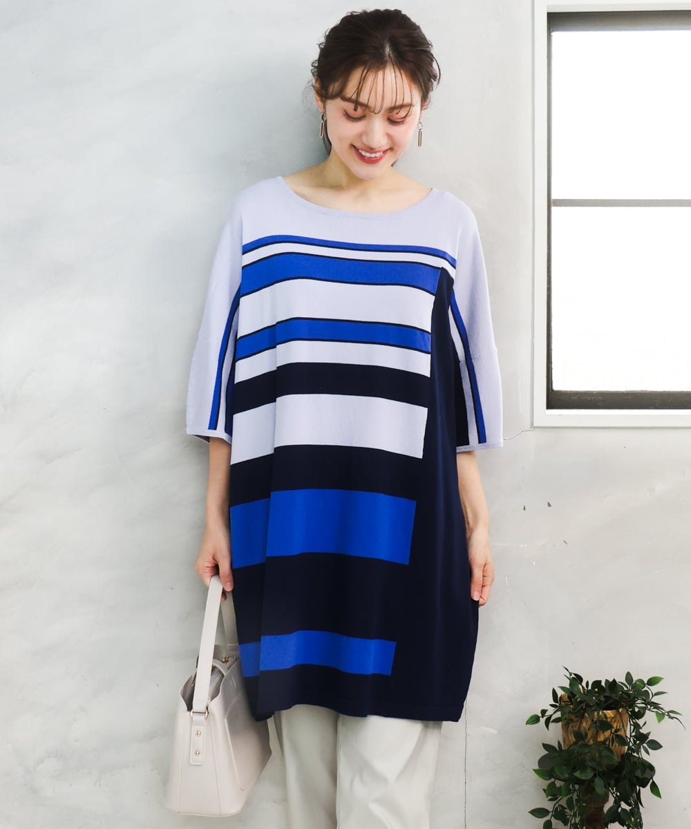 OLEFD13119 eur3(エウルキューブ) 【WEB先行販売】【大きいサイズ/接触冷感】パネルボーダーニットチュニック ブルー