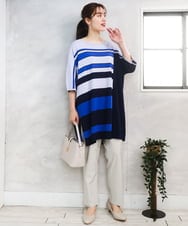 OLEFD13119 eur3(エウルキューブ) 【WEB先行販売】【大きいサイズ/接触冷感】パネルボーダーニットチュニック ブルー