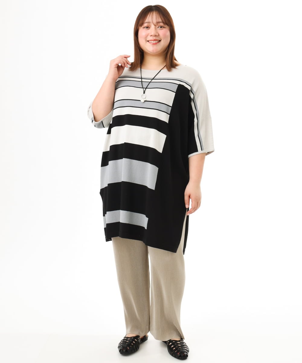 OLEFD13119 eur3(エウルキューブ) 【WEB先行販売】【大きいサイズ/接触冷感】パネルボーダーニットチュニック ブラック