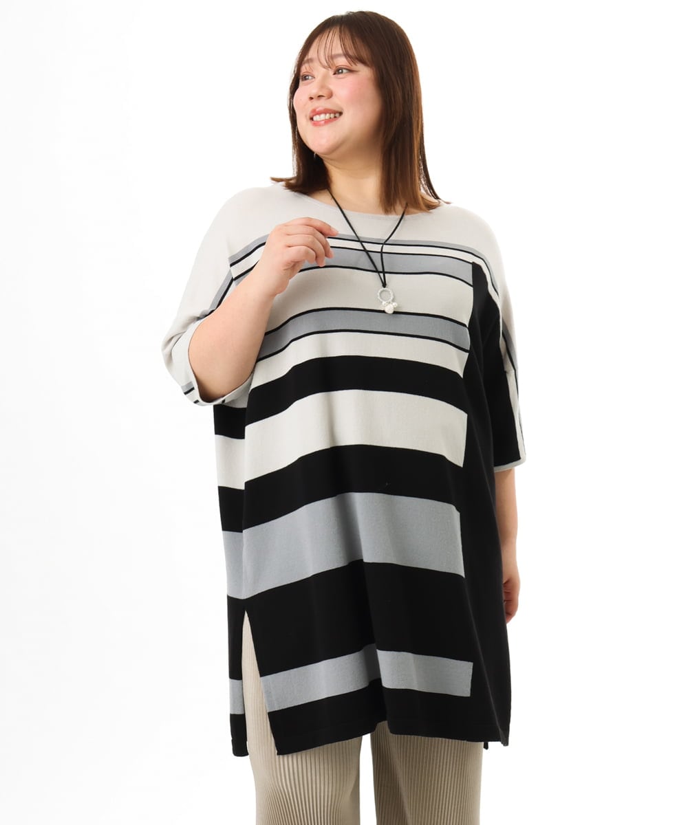 OLEFD13119 eur3(エウルキューブ) 【WEB先行販売】【大きいサイズ/接触冷感】パネルボーダーニットチュニック ブラック