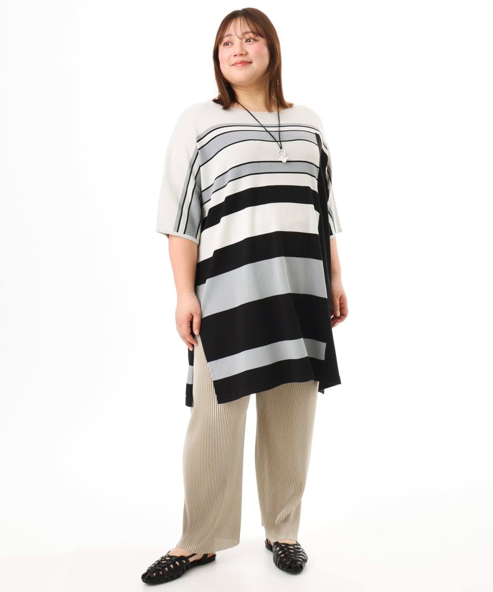 OLEFD13119 eur3(エウルキューブ) 【WEB先行販売】【大きいサイズ/接触冷感】パネルボーダーニットチュニック ブラック