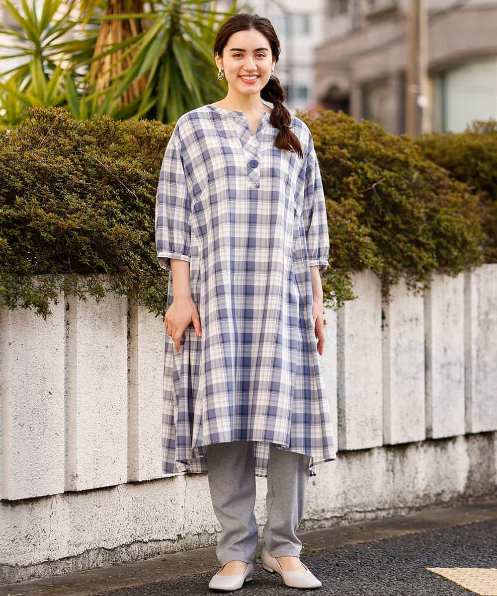 OLEFM35090 eur3(エウルキューブ) 【大きいサイズ】チェック柄マキシワンピース ライトブルー