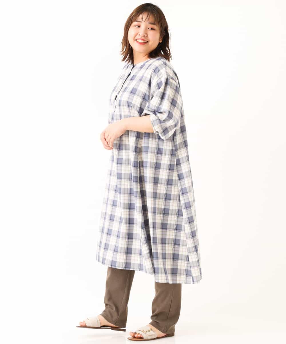 OLEFM35090 eur3(エウルキューブ) 【大きいサイズ】チェック柄マキシワンピース ライトブルー