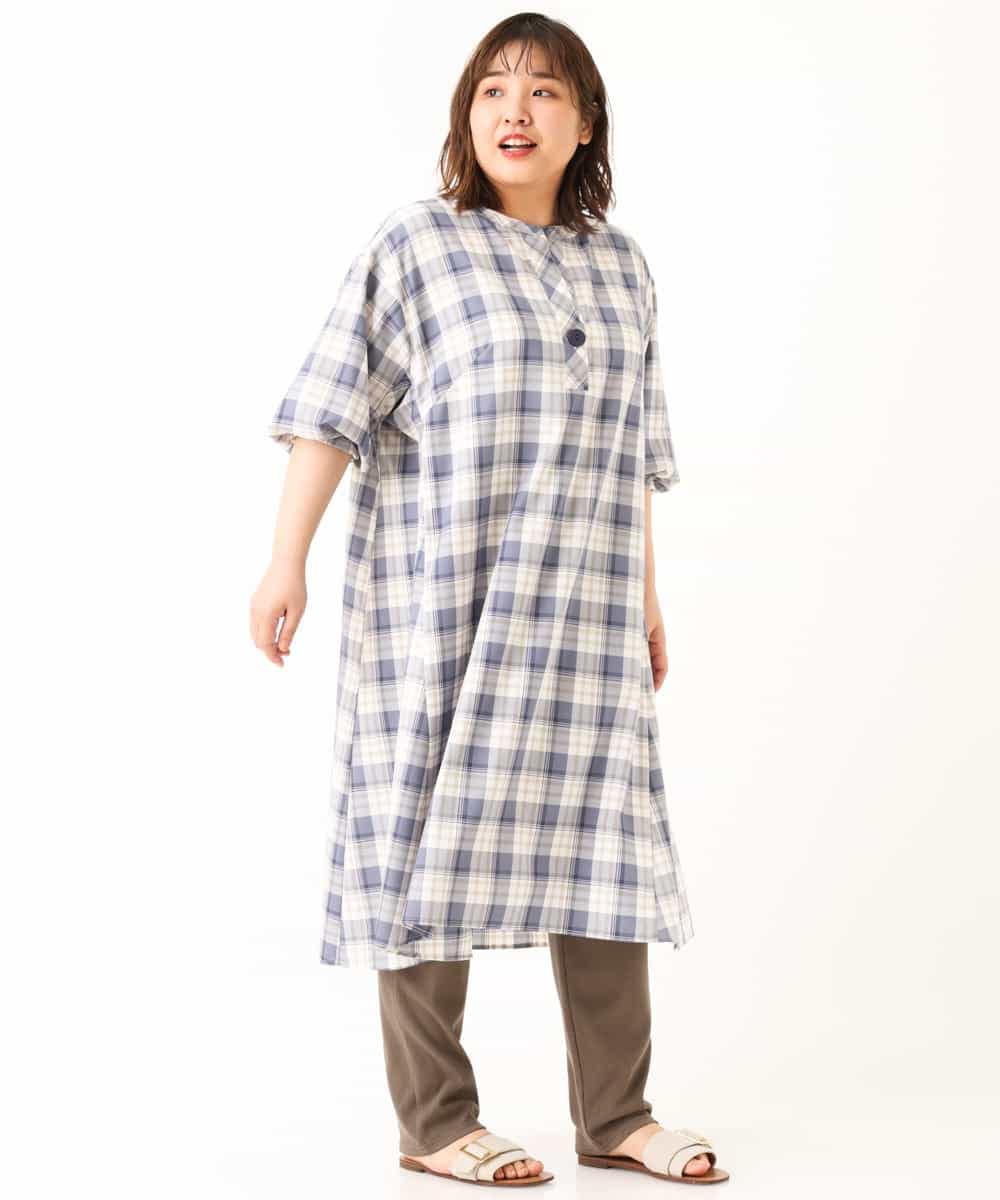 OLEFM35090 eur3(エウルキューブ) 【大きいサイズ】チェック柄マキシワンピース ライトブルー