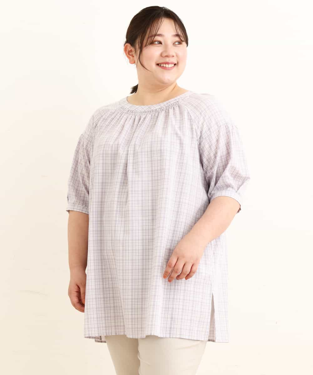 OLEFP10080 eur3(エウルキューブ) 【大きいサイズ】チェック柄シャーリングチュニック ラベンダー(60)