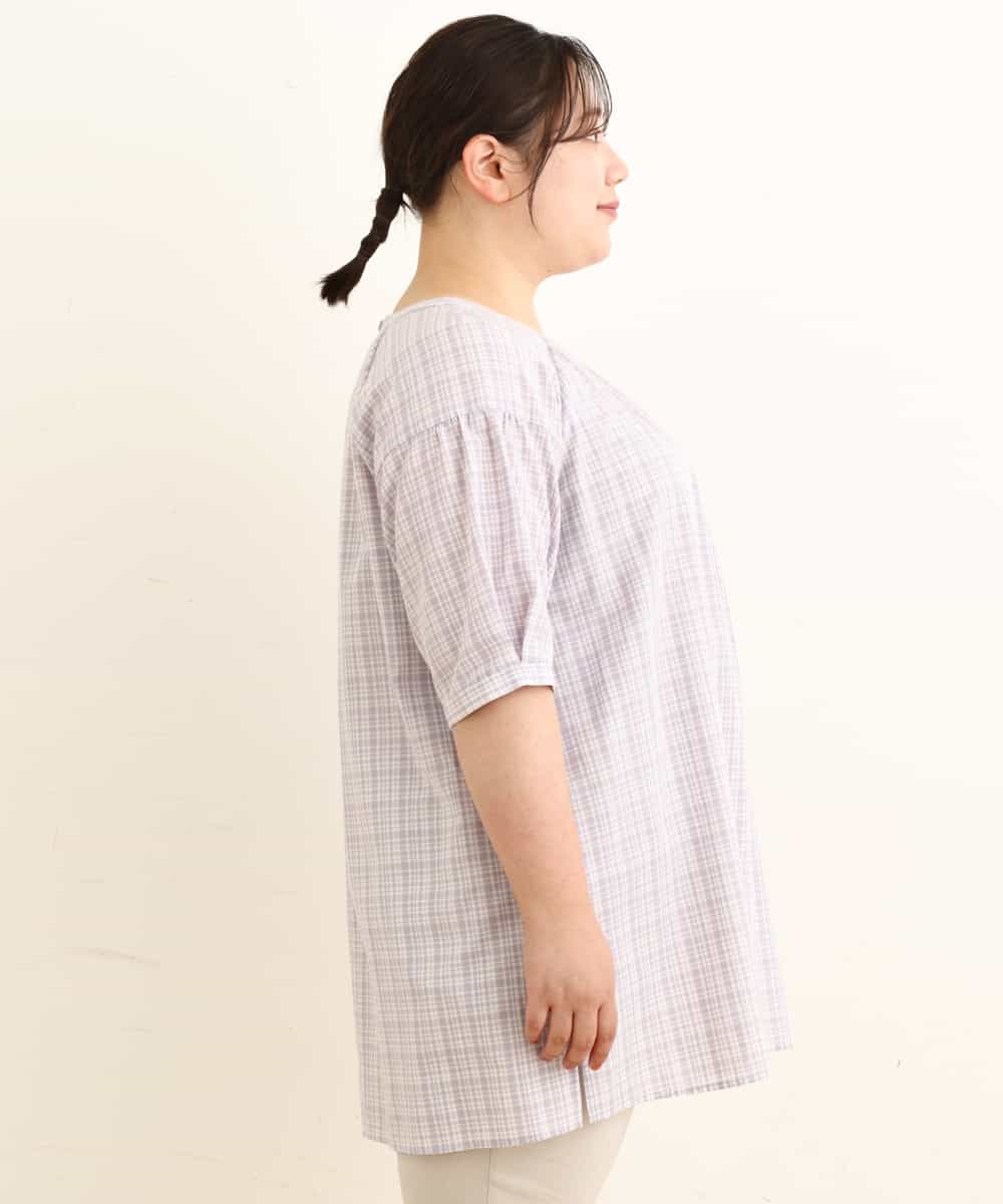 OLEFP10080 eur3(エウルキューブ) 【大きいサイズ】チェック柄シャーリングチュニック ラベンダー(60)