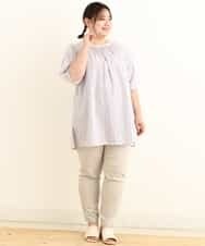 OLEFP10080 eur3(エウルキューブ) 【大きいサイズ】チェック柄シャーリングチュニック ラベンダー(60)