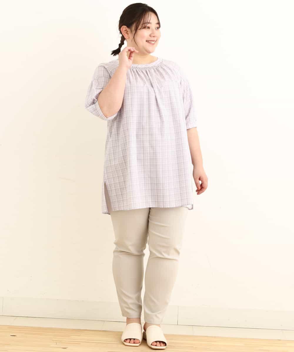OLEFP10080 eur3(エウルキューブ) 【大きいサイズ】チェック柄シャーリングチュニック ラベンダー(60)