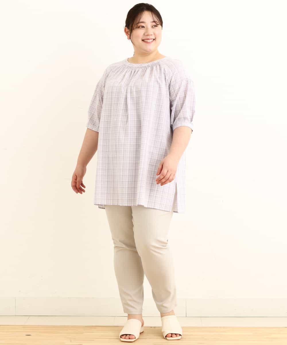 OLEFP10080 eur3(エウルキューブ) 【大きいサイズ】チェック柄シャーリングチュニック ラベンダー(60)
