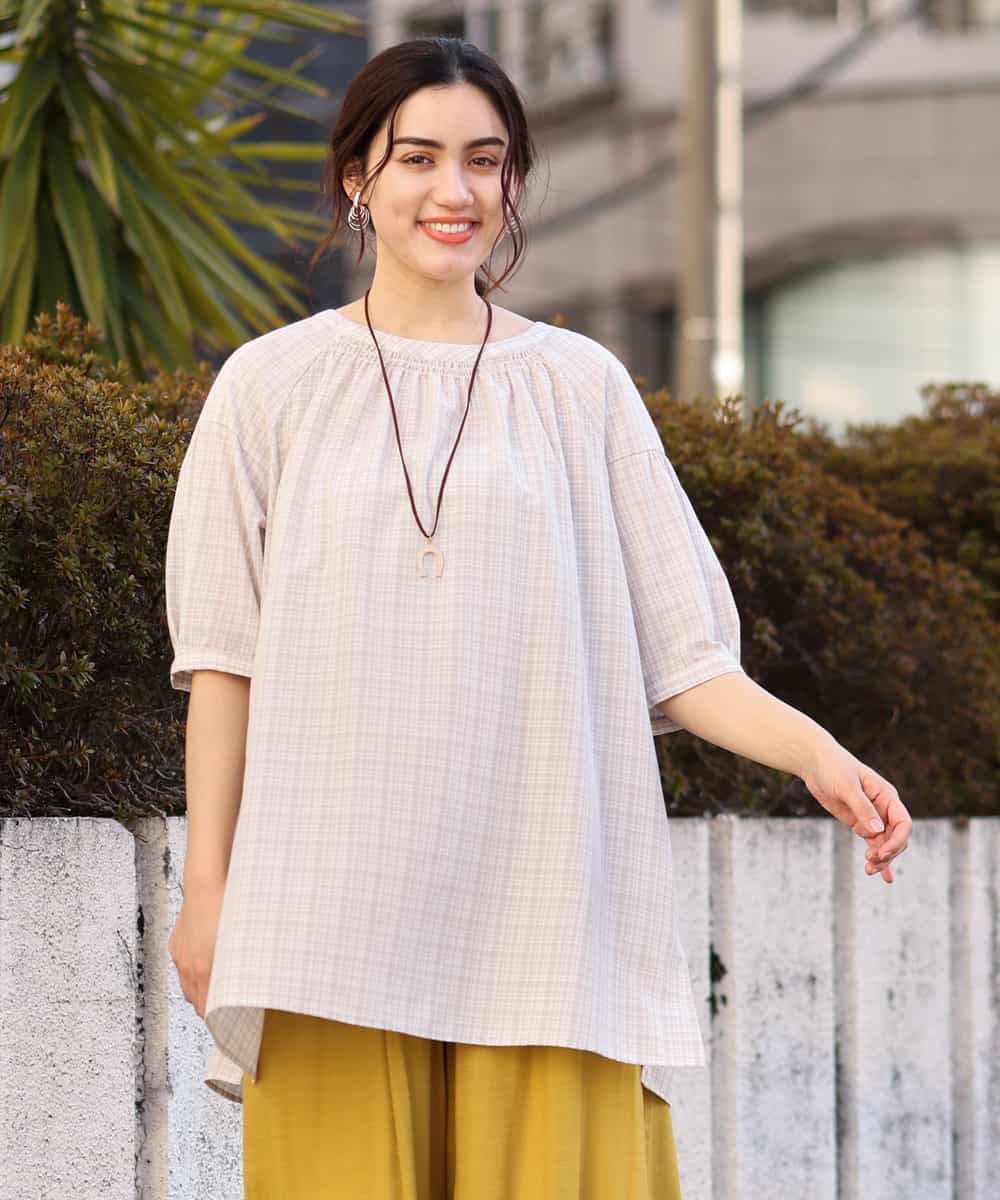 OLEFP10080 eur3(エウルキューブ) 【大きいサイズ】チェック柄シャーリングチュニック ライトグレー(91)