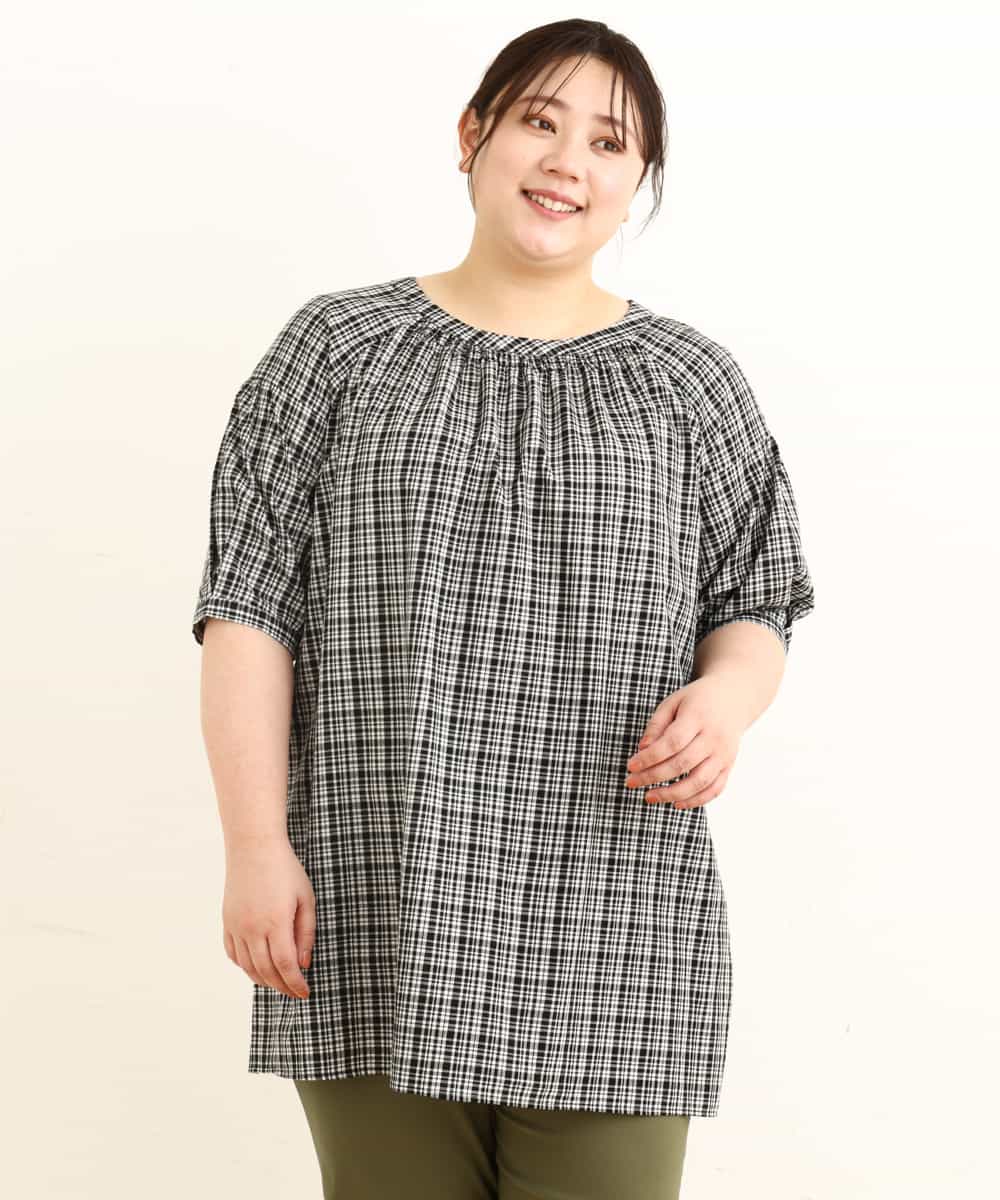 OLEFP10080 eur3(エウルキューブ) 【大きいサイズ】チェック柄シャーリングチュニック ブラック(94)