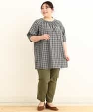OLEFP10080 eur3(エウルキューブ) 【大きいサイズ】チェック柄シャーリングチュニック ブラック(94)