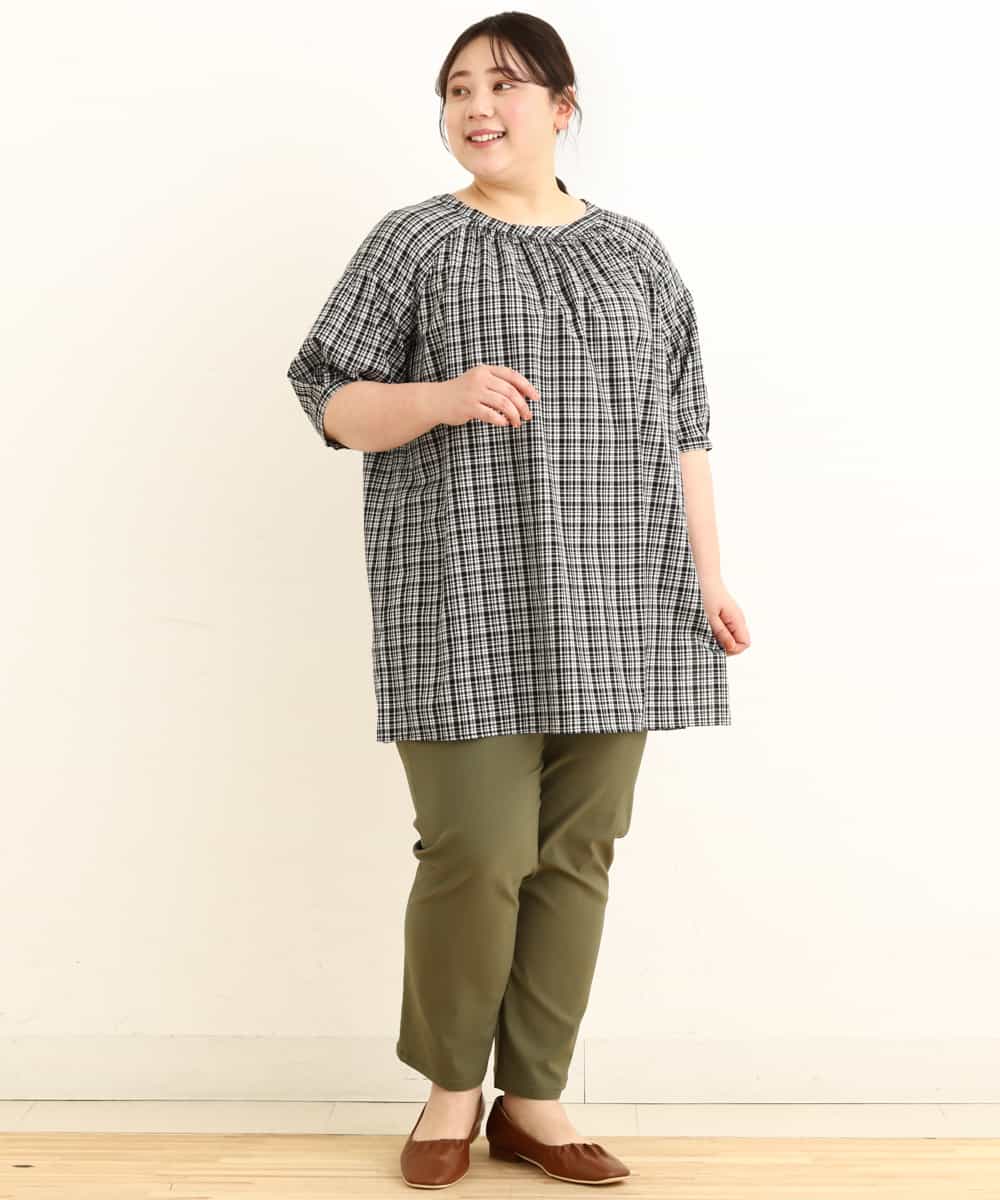 OLEFP10080 eur3(エウルキューブ) 【大きいサイズ】チェック柄シャーリングチュニック ブラック(94)