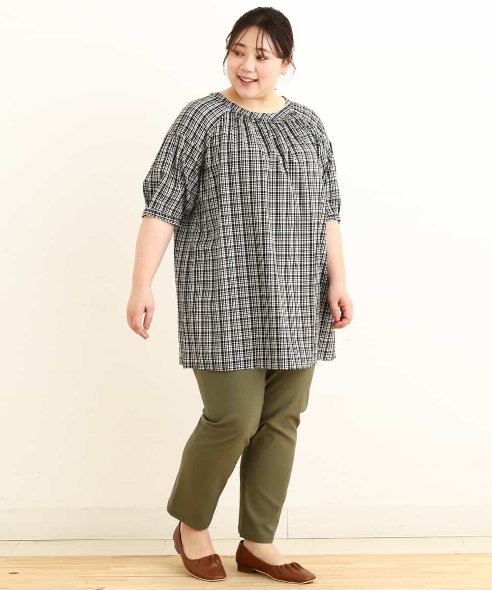 OLEFP10080 eur3(エウルキューブ) 【大きいサイズ】チェック柄シャーリングチュニック ブラック(94)