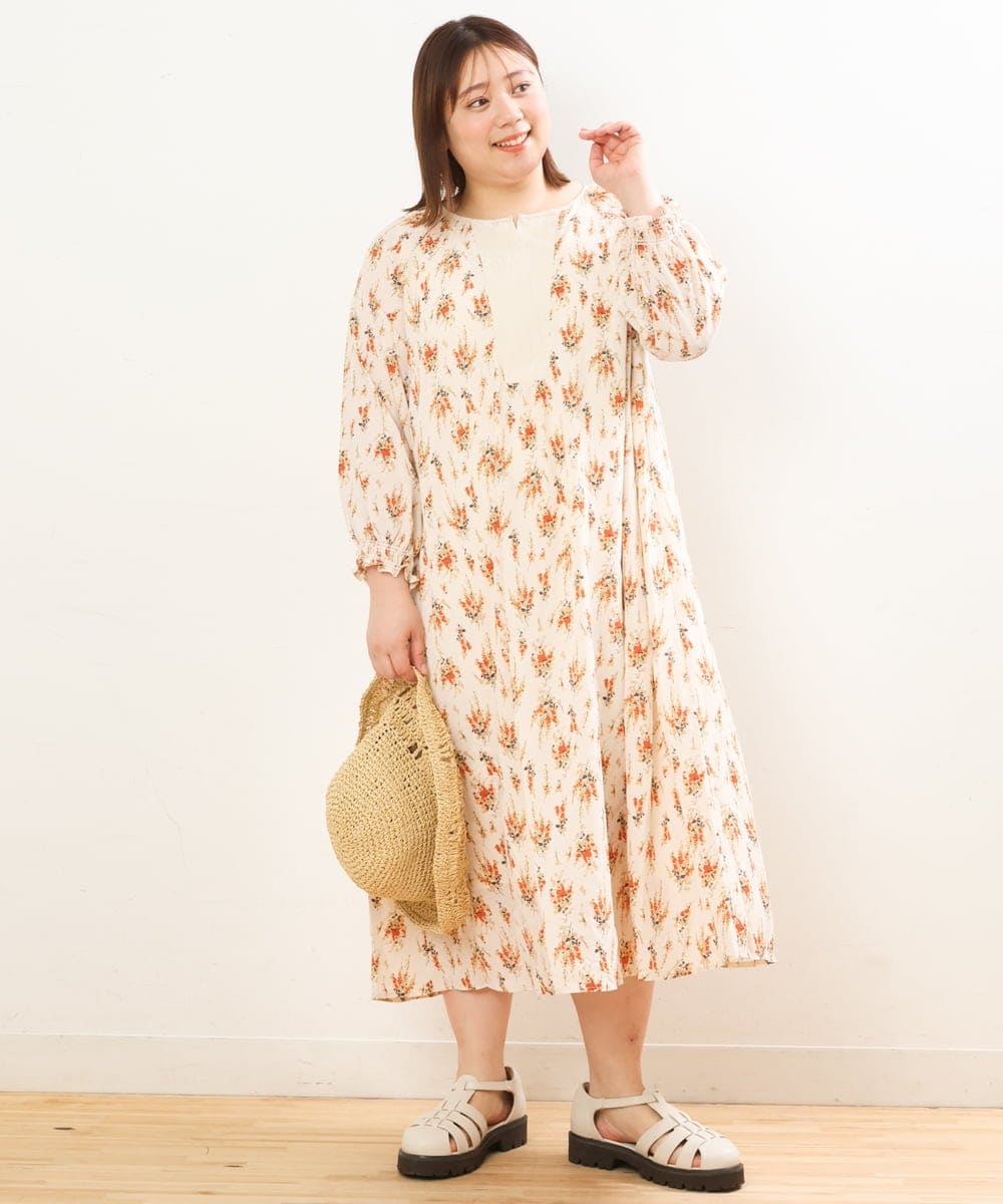 OLEFP24120 eur3(エウルキューブ) 【大きいサイズ/11号サイズあり】フラワープリントAラインワンピース ベージュ(82)