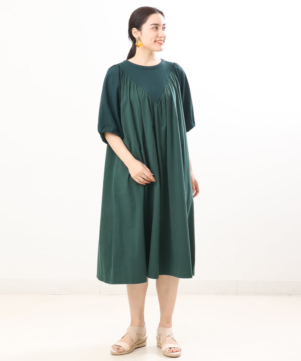 OLEFS10090 eur3(エウルキューブ) 【雑誌掲載】【大きいサイズ】涼しい！異素材切り替えサマーワンピース グリーン(35)