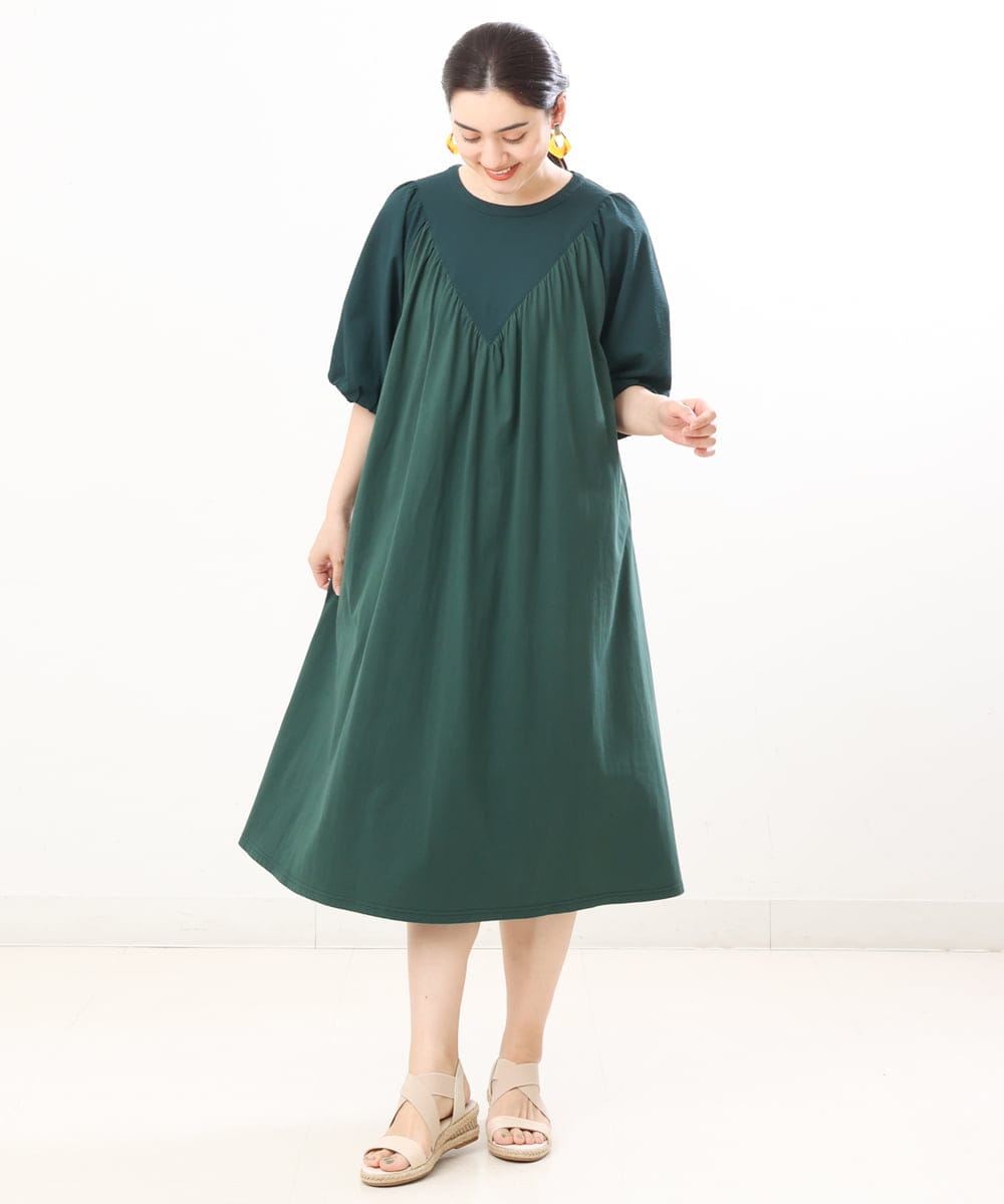OLEFS10090 eur3(エウルキューブ) 【雑誌掲載】【大きいサイズ】涼しい！異素材切り替えサマーワンピース グリーン(35)