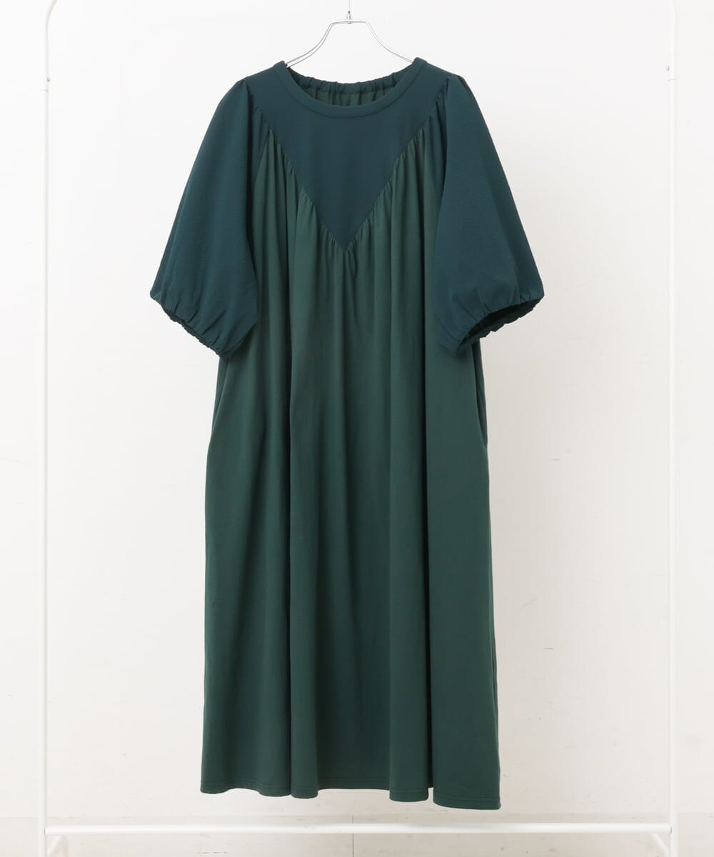 OLEFS10090 eur3(エウルキューブ) 【雑誌掲載】【大きいサイズ】涼しい！異素材切り替えサマーワンピース グリーン(35)