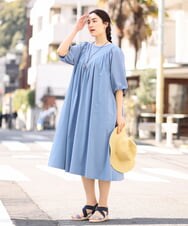 OLEFS10090 eur3(エウルキューブ) 【雑誌掲載】【大きいサイズ】涼しい！異素材切り替えサマーワンピース ブルー(55)
