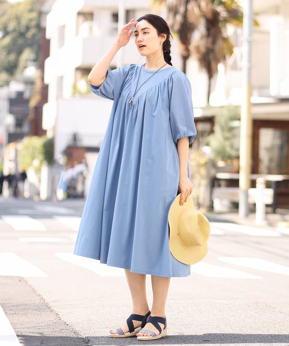 OLEFS10090 eur3(エウルキューブ) 【雑誌掲載】【大きいサイズ】涼しい！異素材切り替えサマーワンピース ブルー(55)