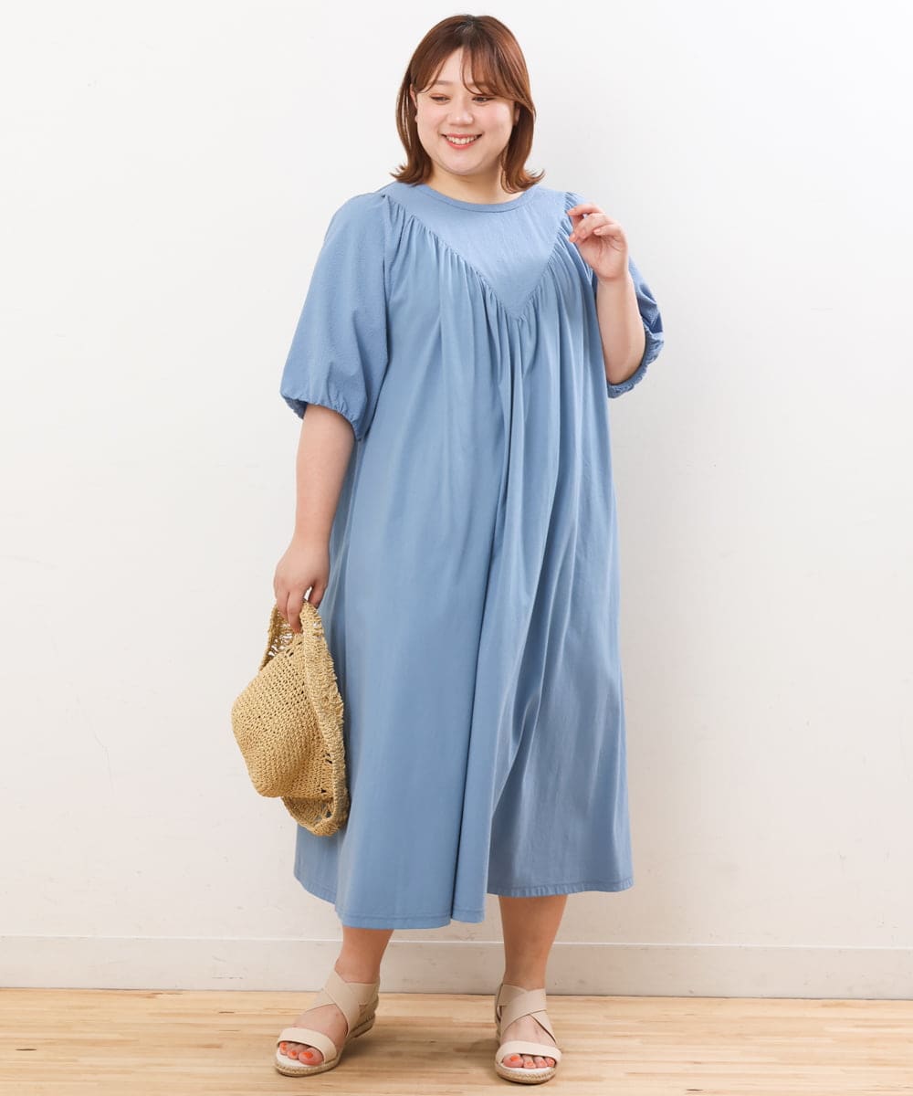 OLEFS10090 eur3(エウルキューブ) 【雑誌掲載】【大きいサイズ】涼しい！異素材切り替えサマーワンピース ブルー(55)