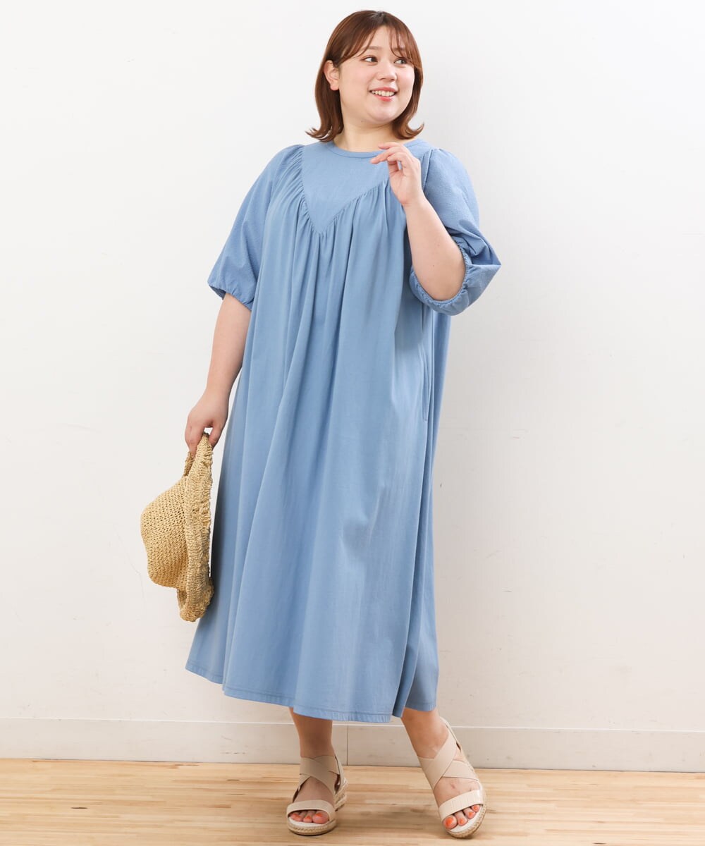 OLEFS10090 eur3(エウルキューブ) 【雑誌掲載】【大きいサイズ】涼しい！異素材切り替えサマーワンピース ブルー(55)