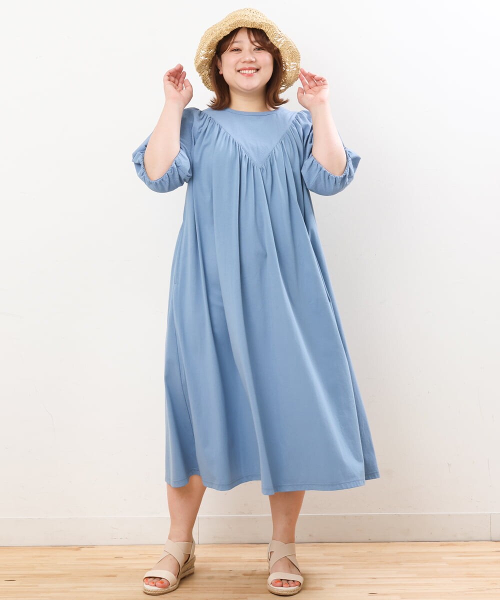 OLEFS10090 eur3(エウルキューブ) 【雑誌掲載】【大きいサイズ】涼しい！異素材切り替えサマーワンピース ブルー(55)