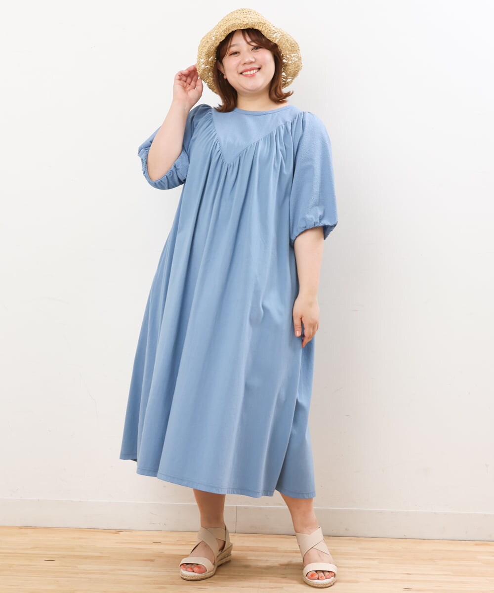 OLEFS10090 eur3(エウルキューブ) 【雑誌掲載】【大きいサイズ】涼しい！異素材切り替えサマーワンピース ブルー(55)