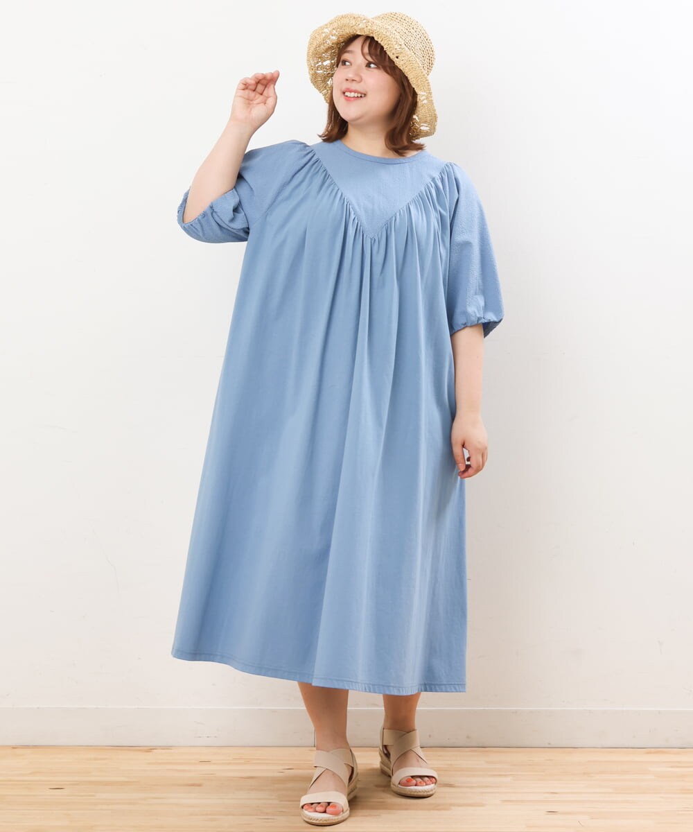 OLEFS10090 eur3(エウルキューブ) 【雑誌掲載】【大きいサイズ】涼しい！異素材切り替えサマーワンピース ブルー(55)