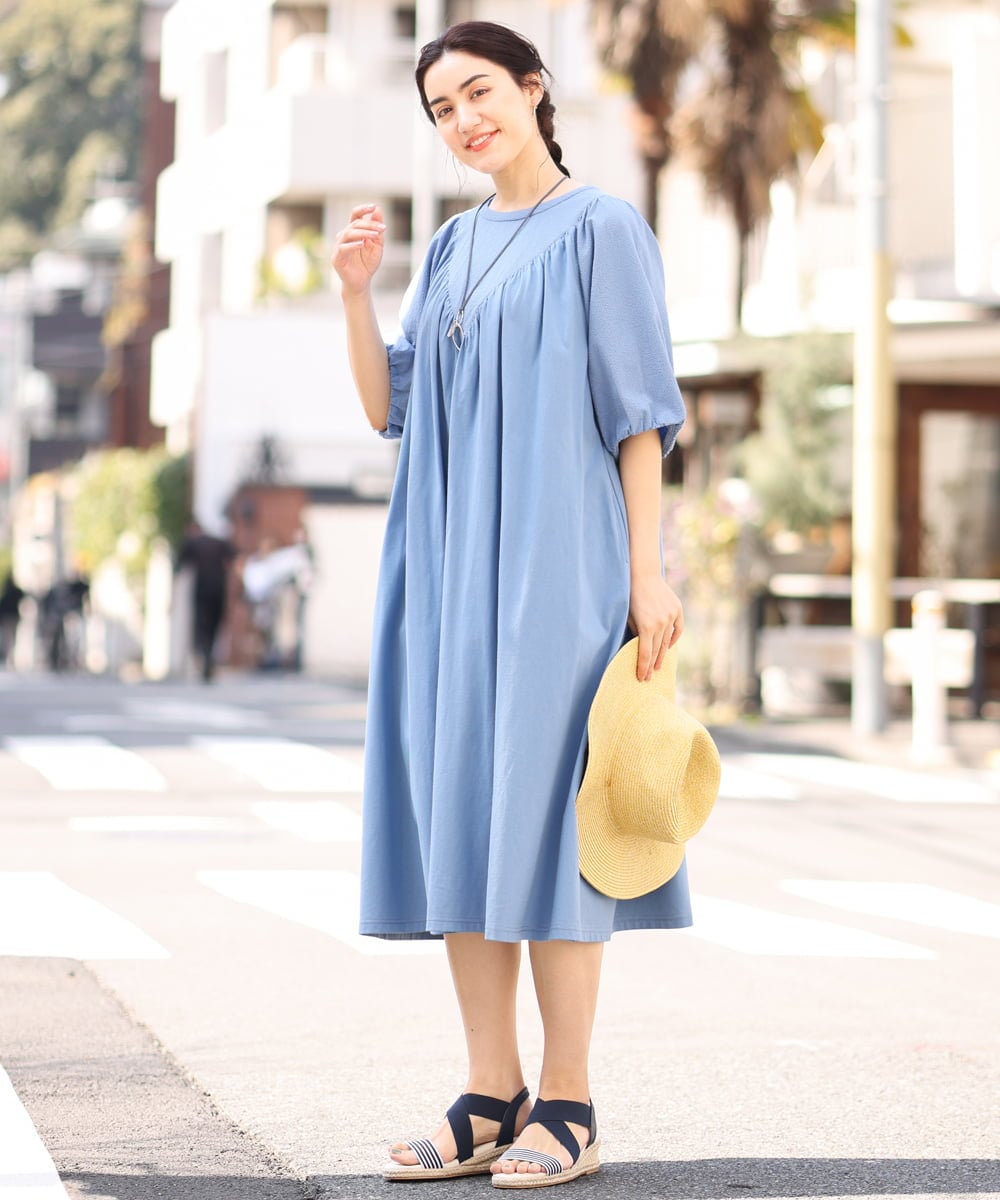 OLEFS10090 eur3(エウルキューブ) 【雑誌掲載】【大きいサイズ】涼しい！異素材切り替えサマーワンピース ブルー(55)