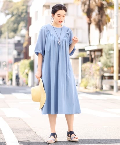 OLEFS10090 eur3 【雑誌掲載】【大きいサイズ】涼しい！異素材切り替えサマーワンピース