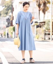 OLEFS10090 eur3(エウルキューブ) 【雑誌掲載】【大きいサイズ】涼しい！異素材切り替えサマーワンピース ブルー(55)