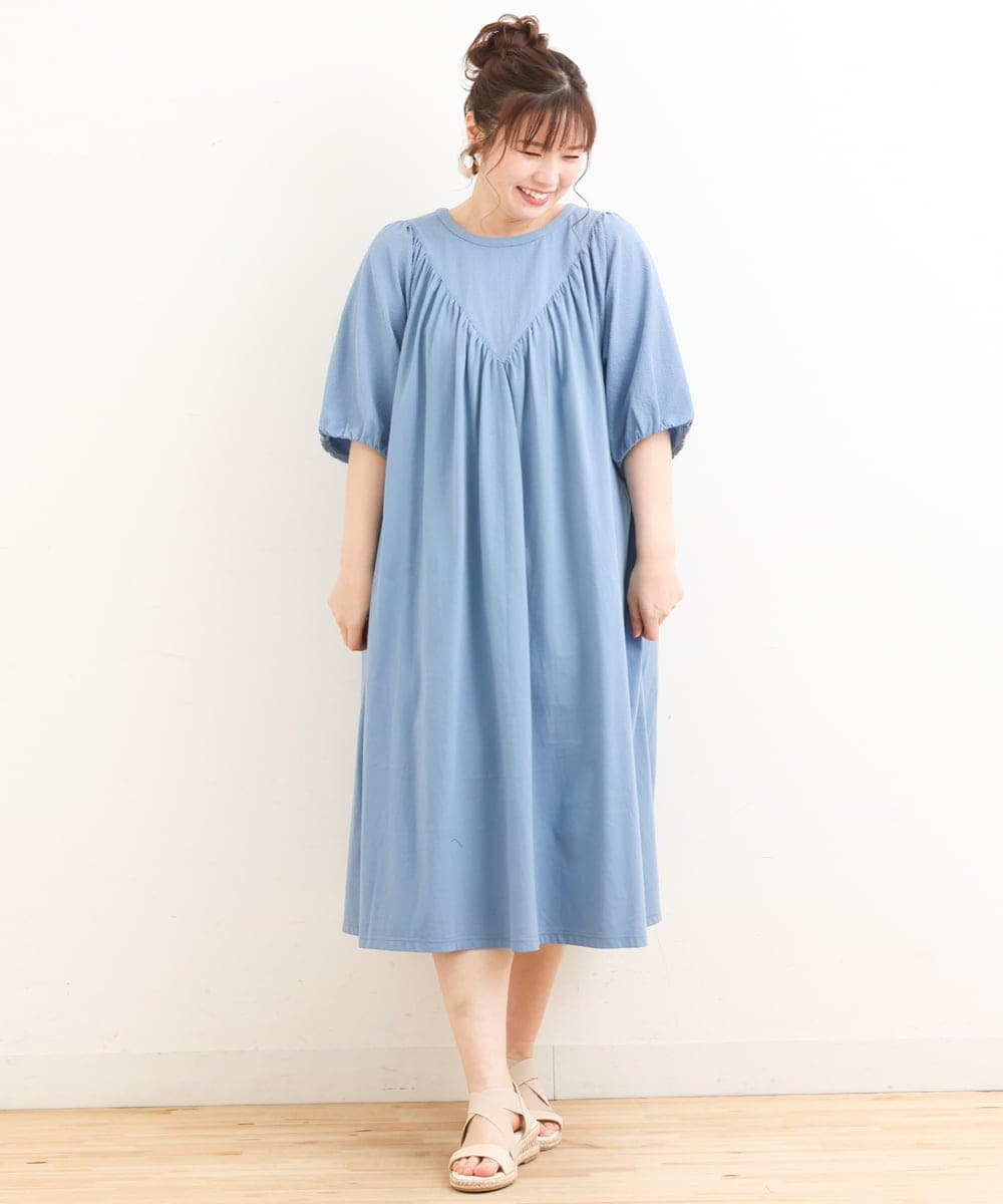 OLEFS10090 eur3(エウルキューブ) 【雑誌掲載】【大きいサイズ】涼しい！異素材切り替えサマーワンピース ブルー(55)
