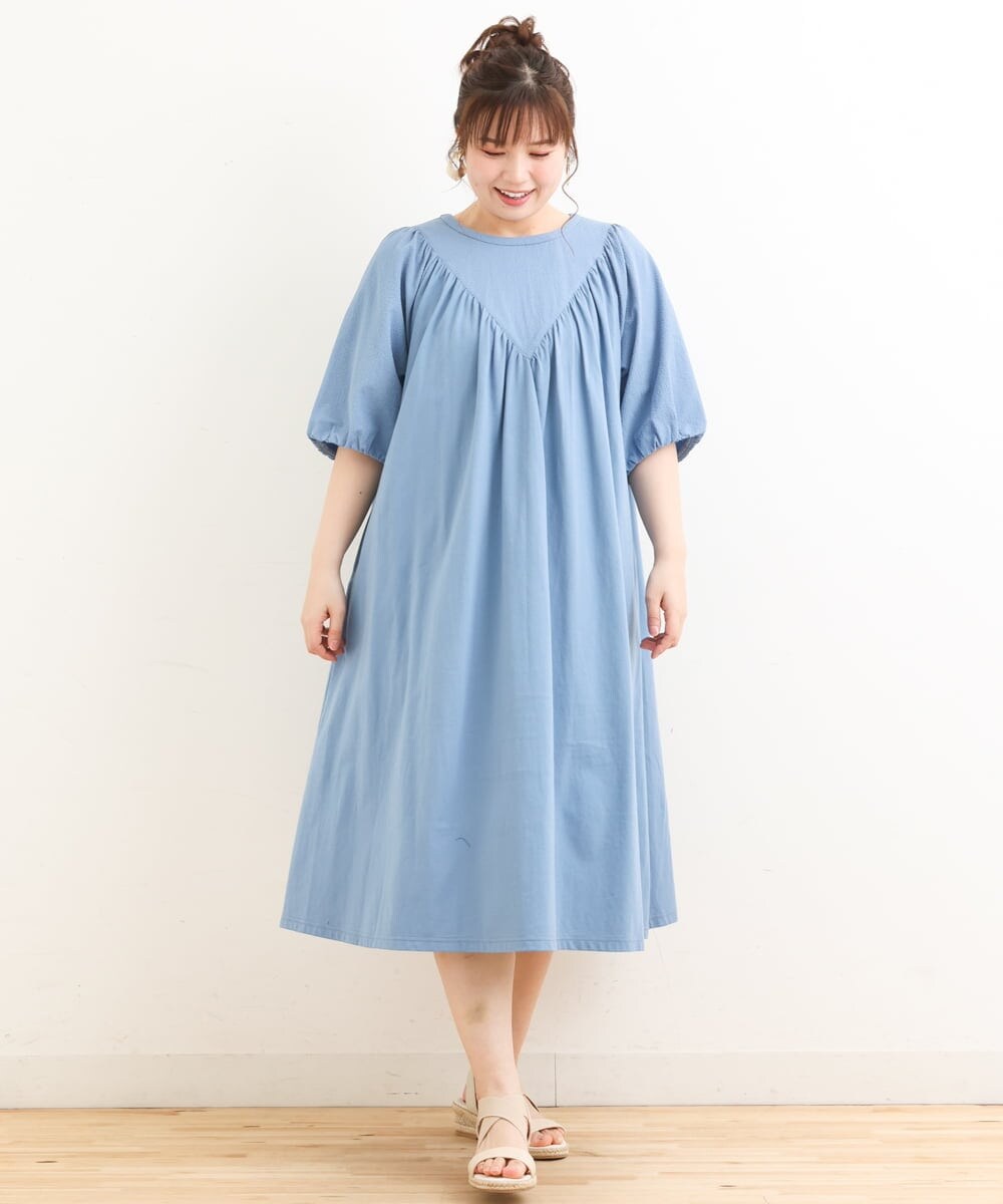 OLEFS10090 eur3(エウルキューブ) 【雑誌掲載】【大きいサイズ】涼しい！異素材切り替えサマーワンピース ブルー(55)