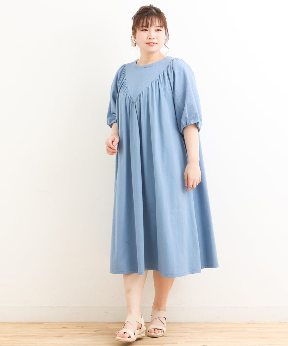 OLEFS10090 eur3(エウルキューブ) 【雑誌掲載】【大きいサイズ】涼しい！異素材切り替えサマーワンピース ブルー(55)