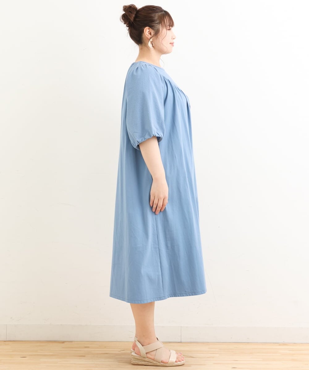 OLEFS10090 eur3(エウルキューブ) 【雑誌掲載】【大きいサイズ】涼しい！異素材切り替えサマーワンピース ブルー(55)