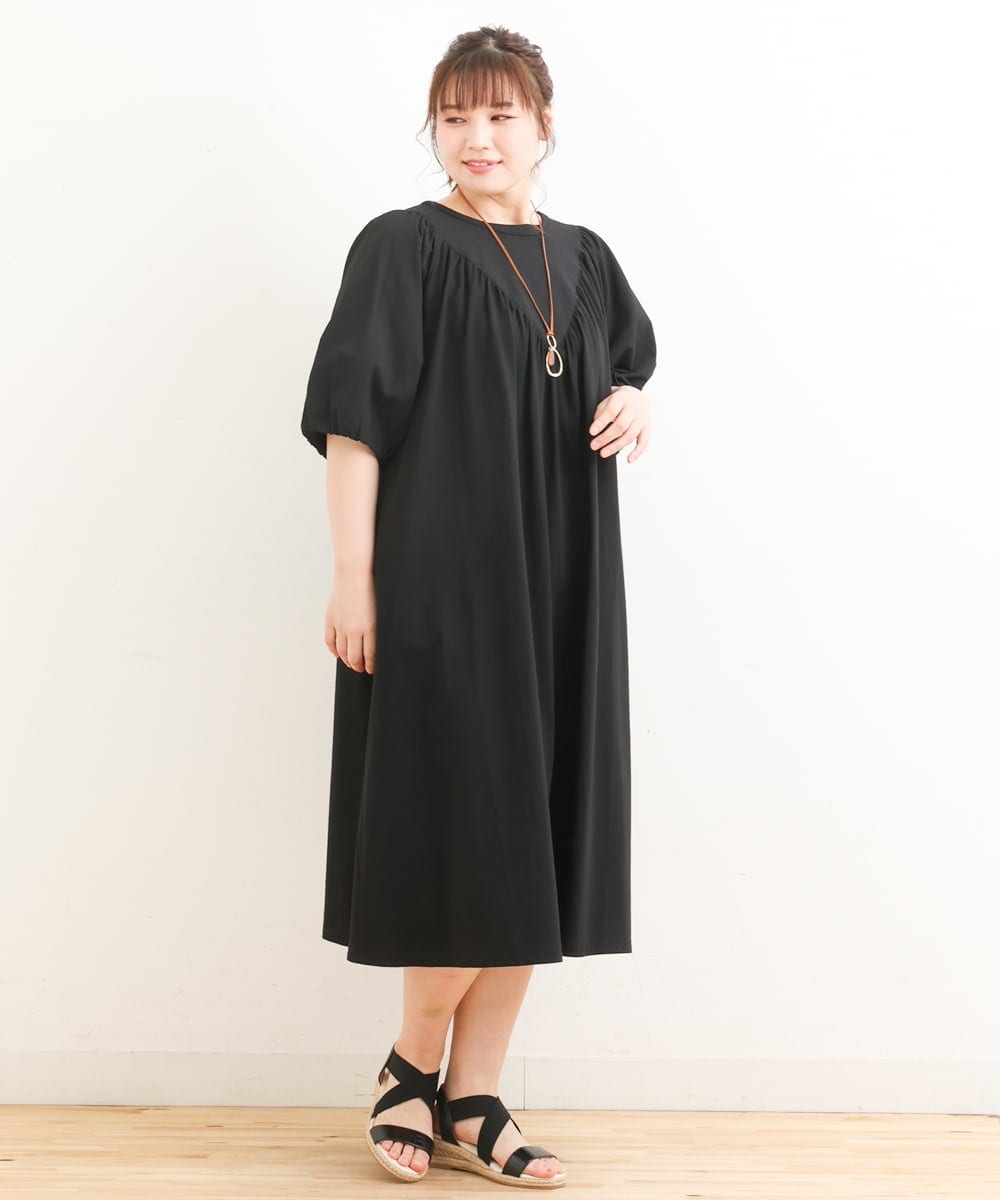OLEFS10090 eur3(エウルキューブ) 【雑誌掲載】【大きいサイズ】涼しい！異素材切り替えサマーワンピース ブラック(94)
