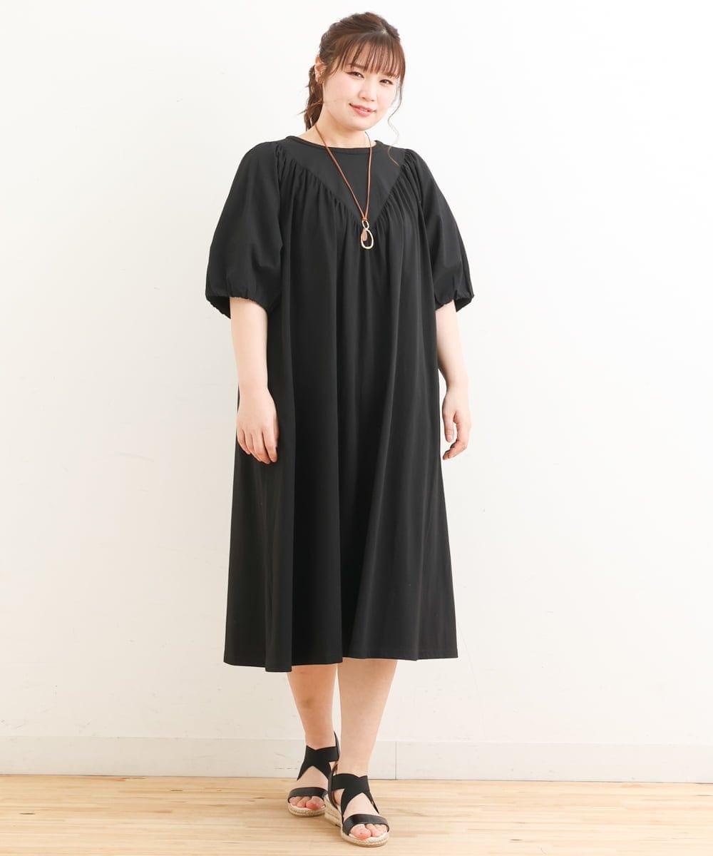 OLEFS10090 eur3(エウルキューブ) 【雑誌掲載】【大きいサイズ】涼しい！異素材切り替えサマーワンピース ブラック(94)