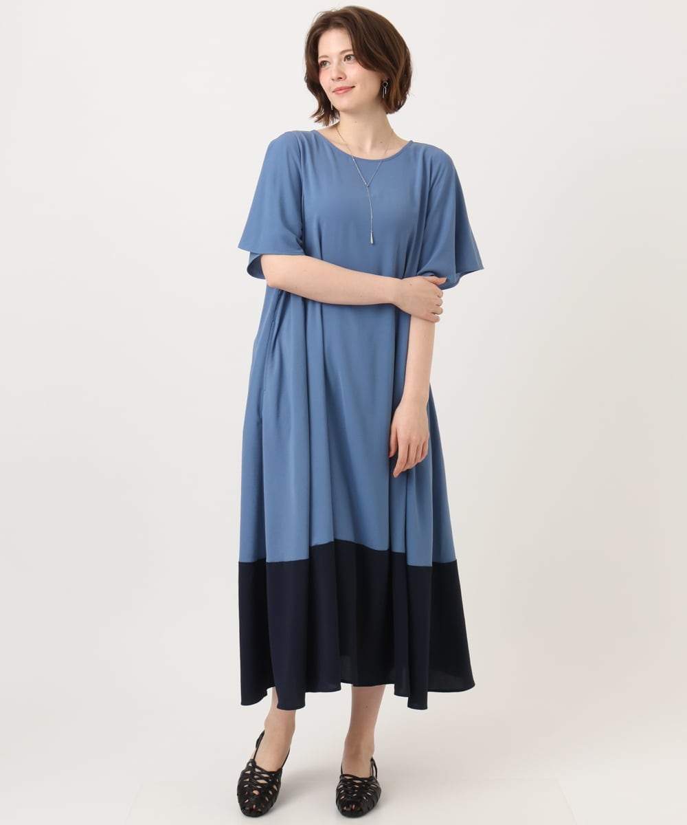 OLEGD23139 eur3(エウルキューブ) 【WEB先行販売】【大きいサイズ】バイカラーフレアスリーブワンピース ブルー