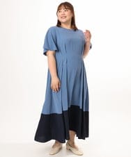 OLEGD23139 eur3(エウルキューブ) 【WEB先行販売】【大きいサイズ】バイカラーフレアスリーブワンピース ブルー