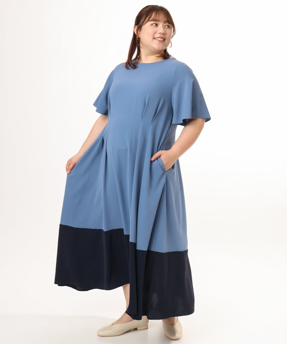 OLEGD23139 eur3(エウルキューブ) 【WEB先行販売】【大きいサイズ】バイカラーフレアスリーブワンピース ブルー