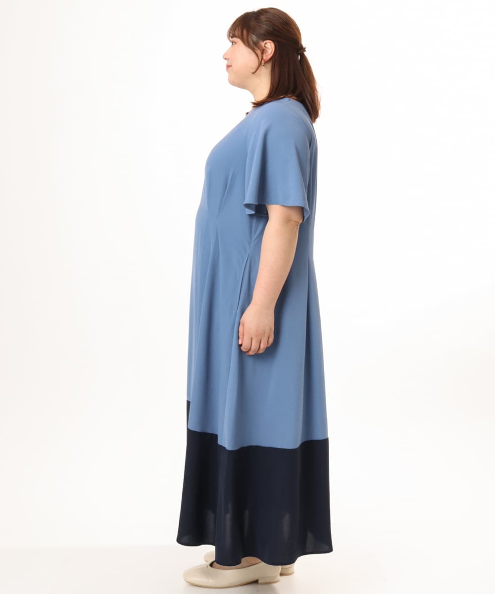 OLEGD23139 eur3(エウルキューブ) 【WEB先行販売】【大きいサイズ】バイカラーフレアスリーブワンピース ブルー