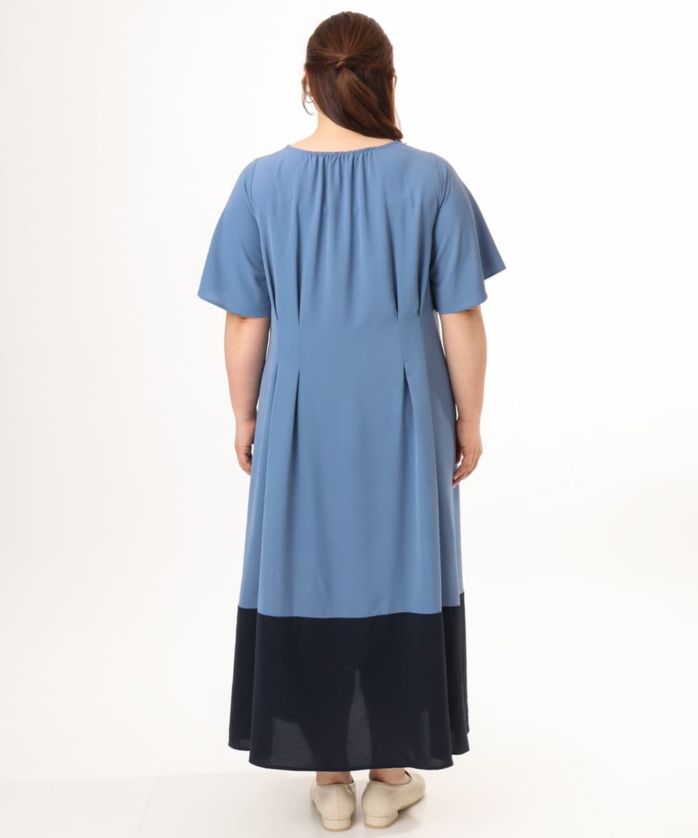 OLEGD23139 eur3(エウルキューブ) 【WEB先行販売】【大きいサイズ】バイカラーフレアスリーブワンピース ブルー