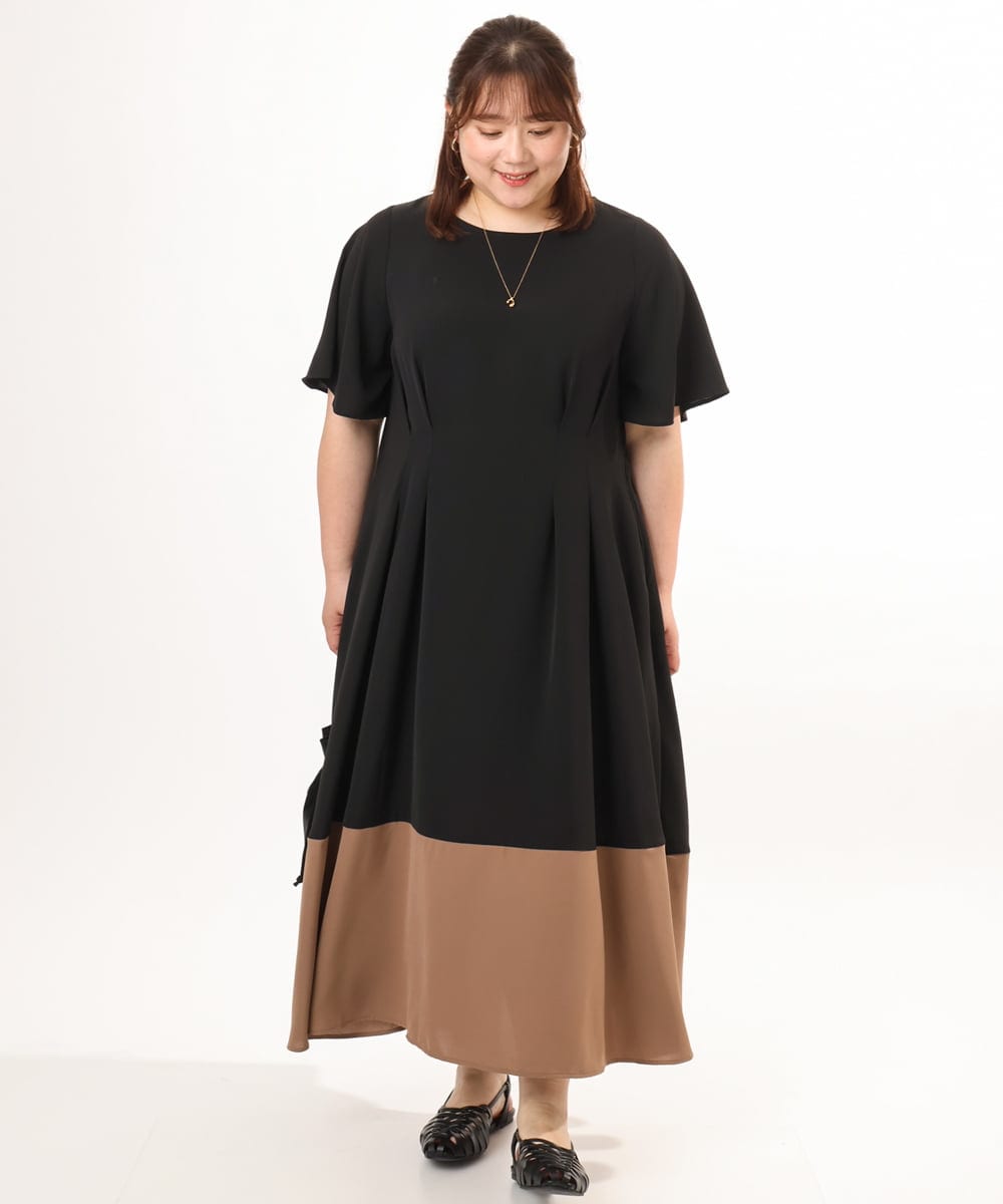 OLEGD23139 eur3(エウルキューブ) 【WEB先行販売】【大きいサイズ】バイカラーフレアスリーブワンピース ブラック