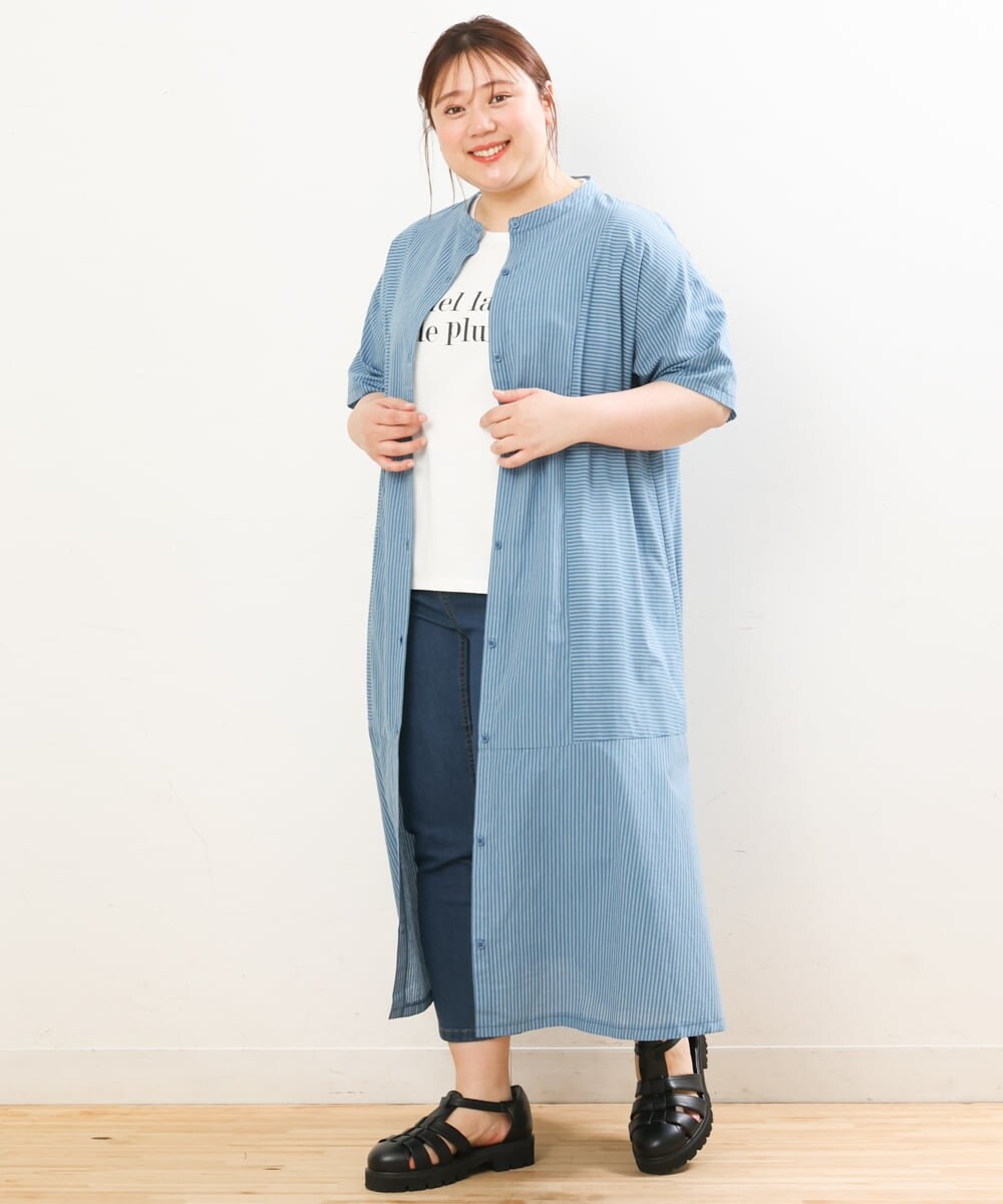 OLEGS37120 eur3(エウルキューブ) 【大きいサイズ/soso×eur3】ストライプシャツワンピース ブルー(55)