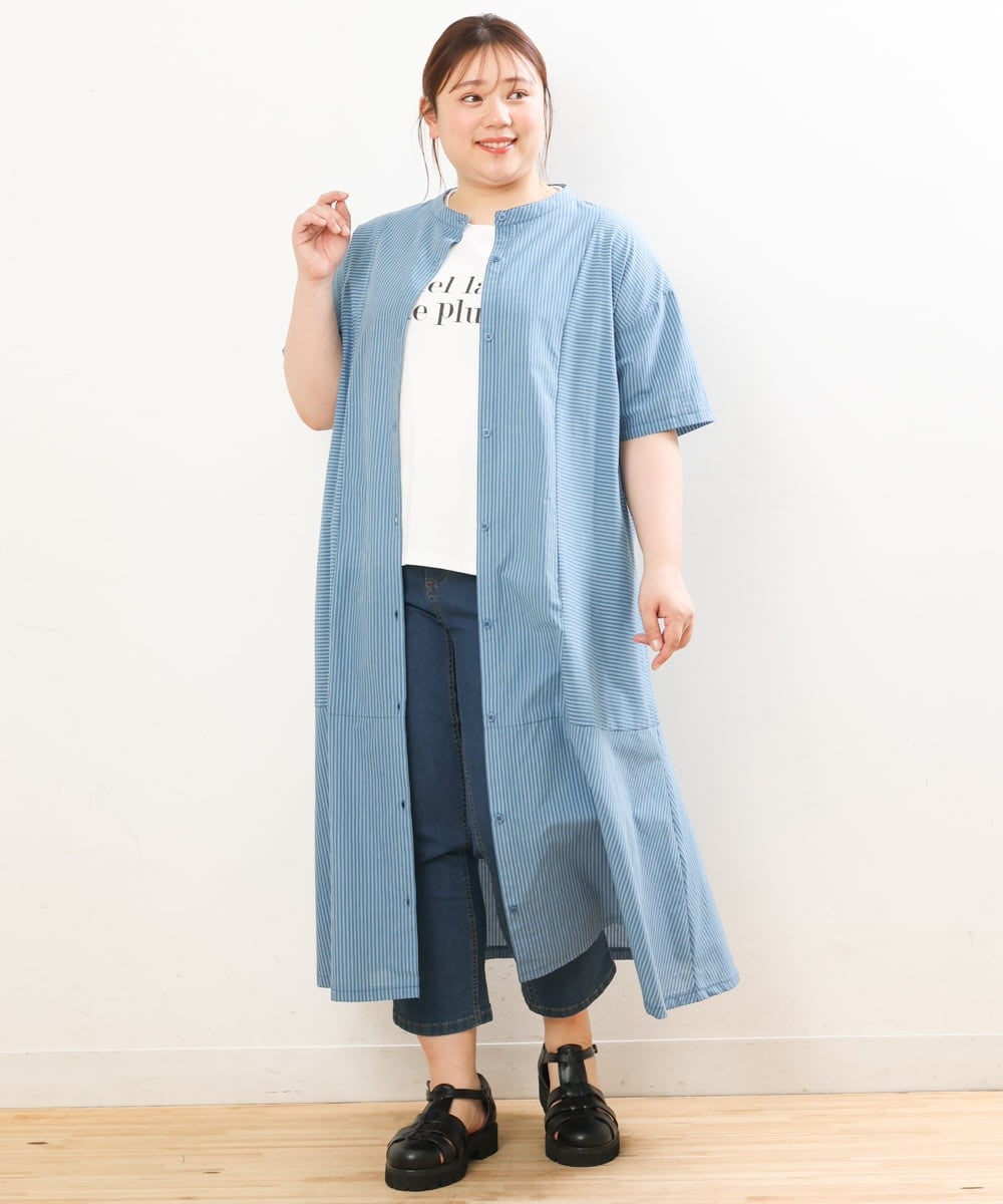 OLEGS37120 eur3(エウルキューブ) 【大きいサイズ/soso×eur3】ストライプシャツワンピース ブルー(55)