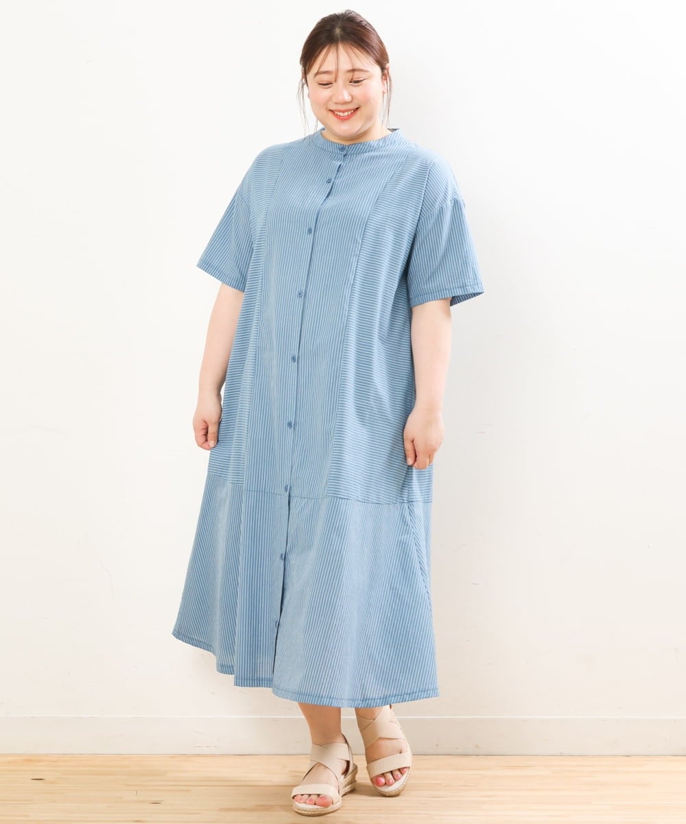 OLEGS37120 eur3(エウルキューブ) 【大きいサイズ/soso×eur3】ストライプシャツワンピース ブルー(55)
