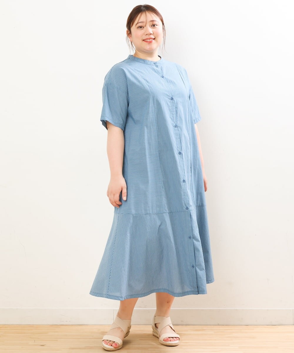 OLEGS37120 eur3(エウルキューブ) 【大きいサイズ/soso×eur3】ストライプシャツワンピース ブルー(55)