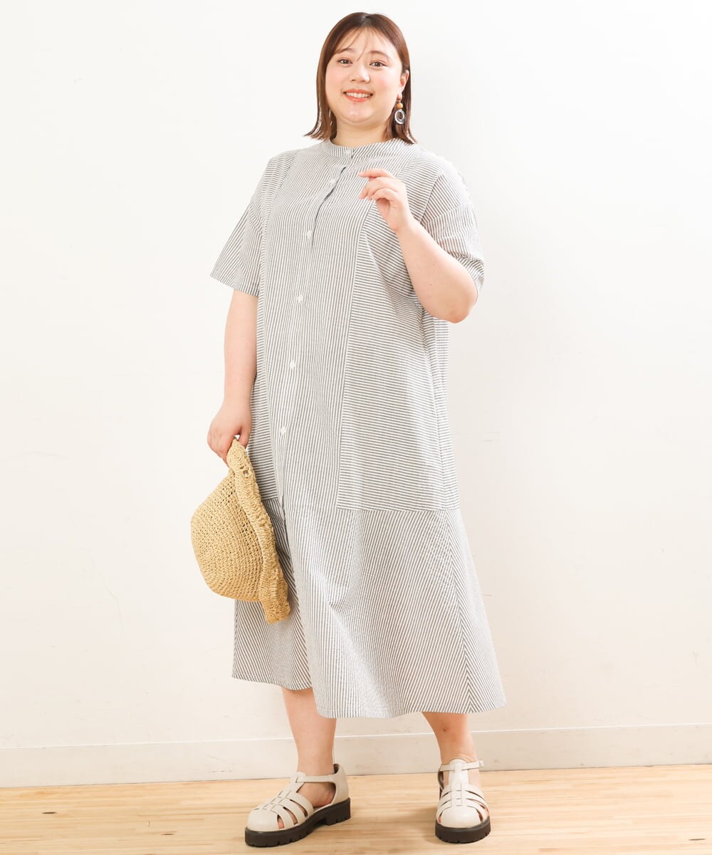 OLEGS37120 eur3(エウルキューブ) 【大きいサイズ/soso×eur3】ストライプシャツワンピース ブラック(94)